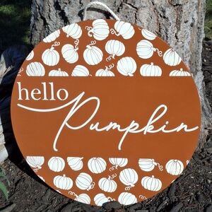 Fall Hello Pumpkin Door Hanger Wreath Painted Porch Sign Autumn Wall Hanging